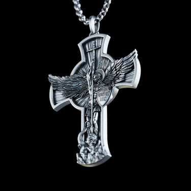 Archangel Michael Cross Necklace in 950 Sterling Silver